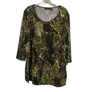 Susan Graver Weekend Liquid Knit Scoop Neck Green Black 3/4 Sleeve Blouse